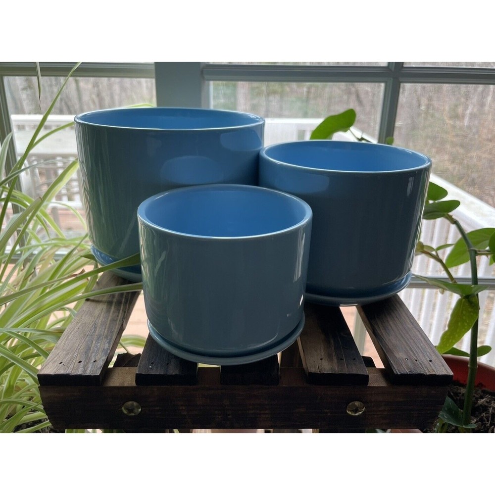 Ceramic Flower Succulent Planter Pots w/ Attached Saucer, Set of 3, Blue